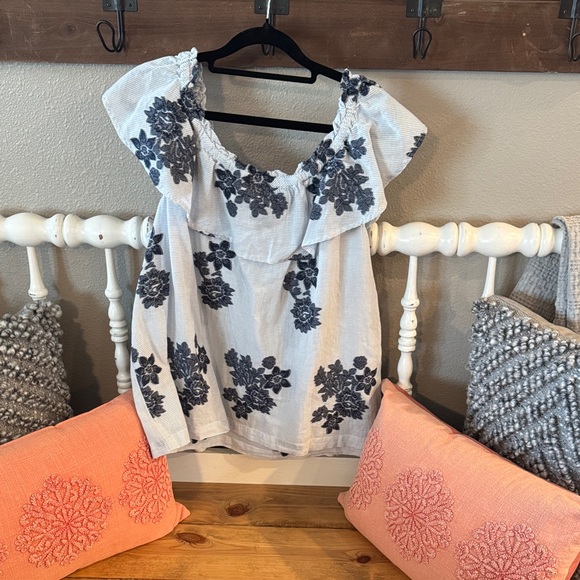 J. Jill Tops - J. Jill White Off-Shoulder Top with Navy Floral Embroidery